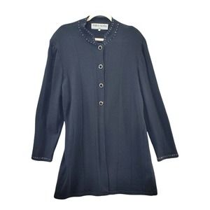 Todd & Olivia Cardigan Sweater SZ 16 Black Bling Long Wool Button Front Santana